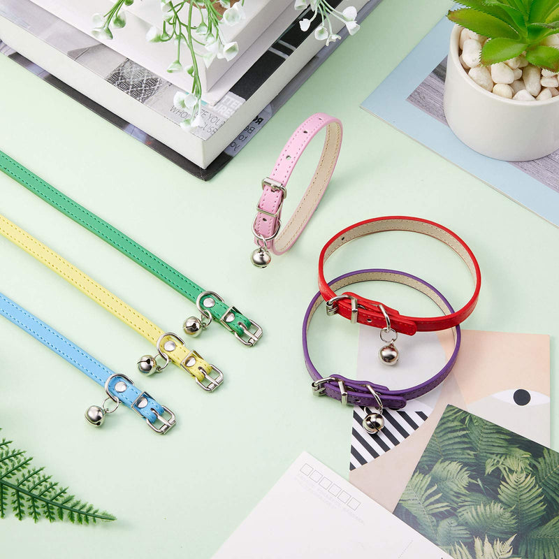 6 Pieces Leather Pet Cat Collars with Bell Soft Adjustable Leather Kitten Collars Cute Pet Collars for Small Cat Kitten Puppy Bright Color - BeesActive Australia