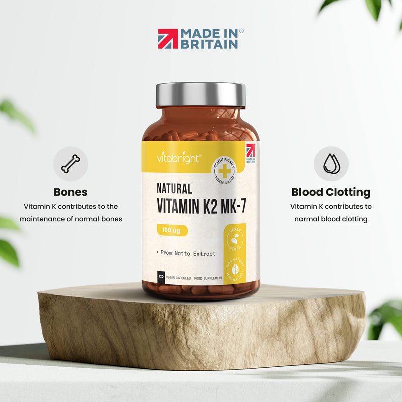 Vitamin K2 MK-7 - Optimal Strength 100mcg - from Natto - Sourced from Plant-Based Natural Ingredients - 120 Easy to Swallow Vegan Capsules (Not Tablets) - Menaquinone-7 - Made in UK by VitaBright - BeesActive Australia
