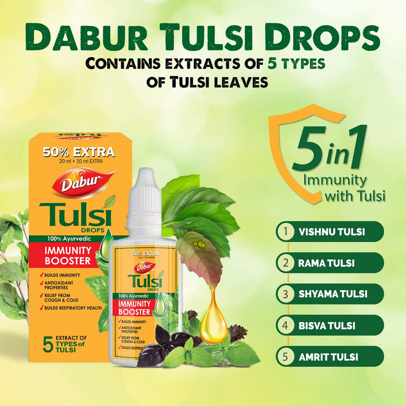DABUR Tulsi Drops- 50% Extra: Concentrated Extract of 5 Rare Tulsi for Natural Immunity Boosting & Cough and Cold Relief: (20ml +10ml Free) - BeesActive Australia