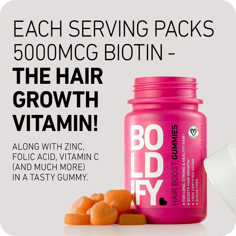 BOLDIFY Biotin Gummies for Healthy Looking Hair Growth (5000 mcg) - Vegan & Sugar Free Gummies, Natural Hair Vitamins for Skin & Nails (Strawberry) - Fast Acting, Lifetime Guarantee - 1 Mo. Supply - BeesActive Australia