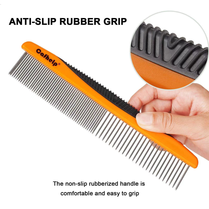 Cafhelp Metal Dog Comb, Cat Comb with Rounded and Smooth Ends Stainless Steel Teeth and Non-Slip Grip Handle, Professional Dog Grooming Tools for Removes Tangles and Knots, Greyhound Comb, Pet Comb for Long and Short Haired Dogs, Cats and Other Pets - BeesActive Australia