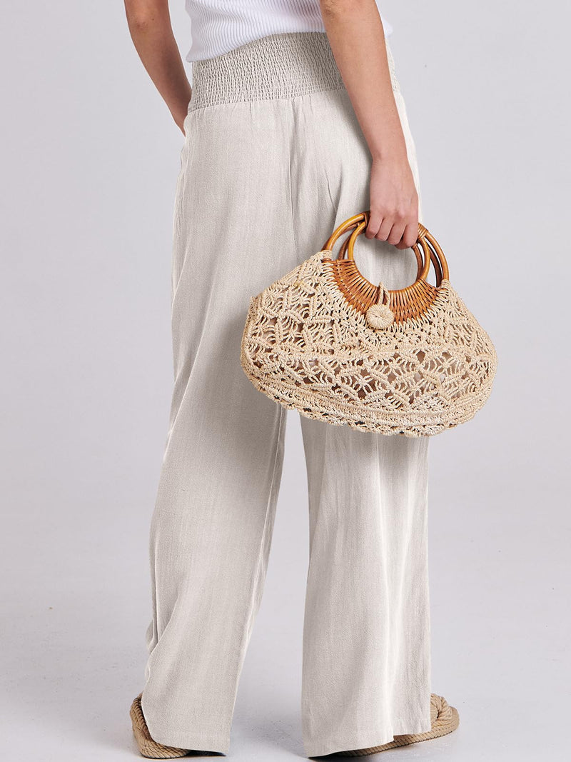 ANRABESS Women Linen Palazzo Pants Summer Boho Wide Leg High Waist Casual Lounge Pant Trousers with Pocket Large Apricot - BeesActive Australia