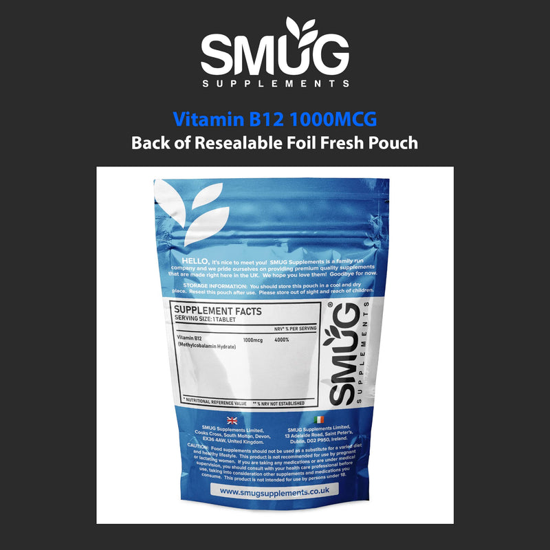 SMUG Supplements Vitamin B12 Tablets - 180 High Strength 1000mcg Pills - Contributes to The Reduction of Fatigue and Tiredness - Suitable for Men and Women - Vegan Friendly - Made in Britain - BeesActive Australia