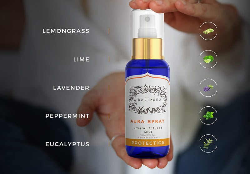 BALIPURA - Aura & Chakra Spray Gift for Women - Protection Spray Crystal Infused Mist with Black Tourmaline, Smoky Quartz and Citrine - Organic Essential Oil - Cleansing & Healing Energy - 3.4 fl.oz - BeesActive Australia