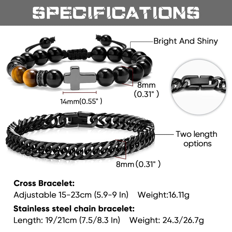 MEALGUET 2 pcs Men's Stainless Steel Bracelets : Black Gemstone Tiger Eye and Agate Cross Beaded Bracelet and Stainless Steel Chain Matching Bracelets Set for Men or Women,Men's Jewelry Gift 8.4"black chain+cross bead bracelet - BeesActive Australia