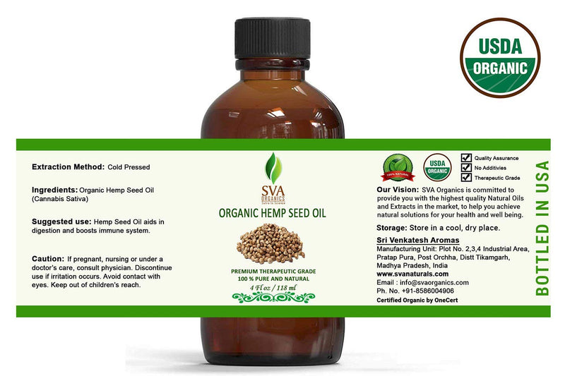 SVA Organics Hemp Seed Organic USDA Cold Pressed Oil 4 Oz Pure Carrier Oil for Skin Cream, Face Serum, Hair Products, Cosmetics, Makeup, Soap, Hair & Body Oil - BeesActive Australia