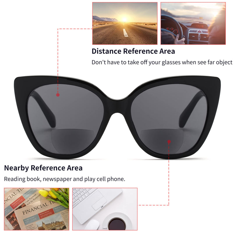 JM Classic Bifocal Reading Glasses Oversized Cateye Stylish Sunglasses Readers for Women Black 1.0 x - BeesActive Australia