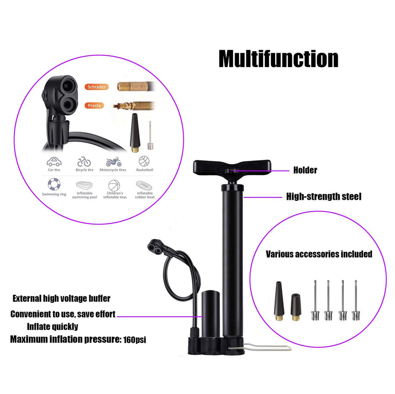 VIMILOLO Bike Pump Portable, Ball Pump Inflator Bicycle Floor Pump with high Pressure Buffer Easiest use with Both Presta and Schrader Bicycle Pump Valves-160Psi Max - BeesActive Australia