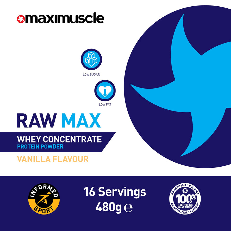 Maximuscle Raw Max | Whey Protein Powder | Protein Shake with Whey Concentrate | Low Fat, Low Sugar, Gluten-Free | Vanilla, 480g - 16 Servings 480 g (Pack of 1) - BeesActive Australia