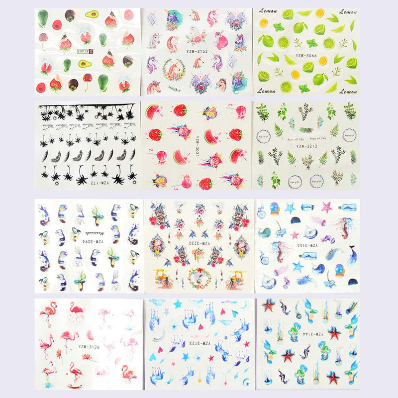 SILPECWEE 48 Sheets Water Nail Transfer Decals Tips Summer Fruit Flower Unicorn Nail Art Stickers Manicure Accessories and 1Pc Tweezers - BeesActive Australia