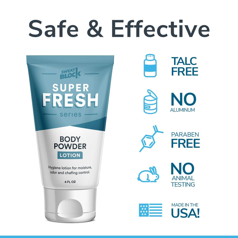 Super Fresh Body Powder Lotion by SweatBlock - Talc Free, Anti-Chafing, Deodorizing, Natural Ingredients - No Mess Body Powder Lotion for Men and Women - 4 fl oz. 4 Fl Oz (Pack of 1) - BeesActive Australia