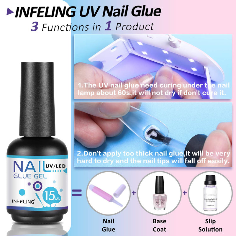 Nail Glue for Acrylic Nails - 3 in 1 Gel Glue for Nails (Curing Needed), INFELING Multifunctional Gel Nail Glue for Press on Nails 15ML,Glue Gel for Nails,Base Coat,Slip Solution - BeesActive Australia