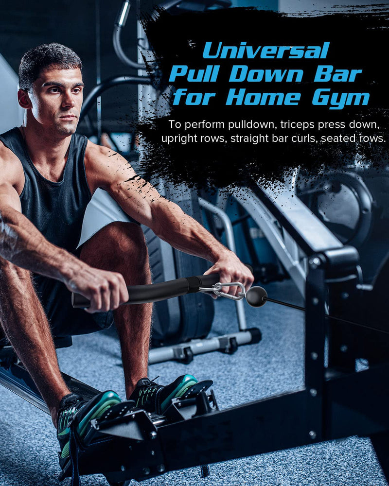 LAT Pulldown Attachments, Black Steel LAT Bar Cable Attachments Handles, Home Gym Cable Machine Accessories, Tricep Rope, Rowing LAT Pull Down Bar, Straight Bar, Double D Handles, Exercise Handles 19in W Bar+Snap Hooks - BeesActive Australia