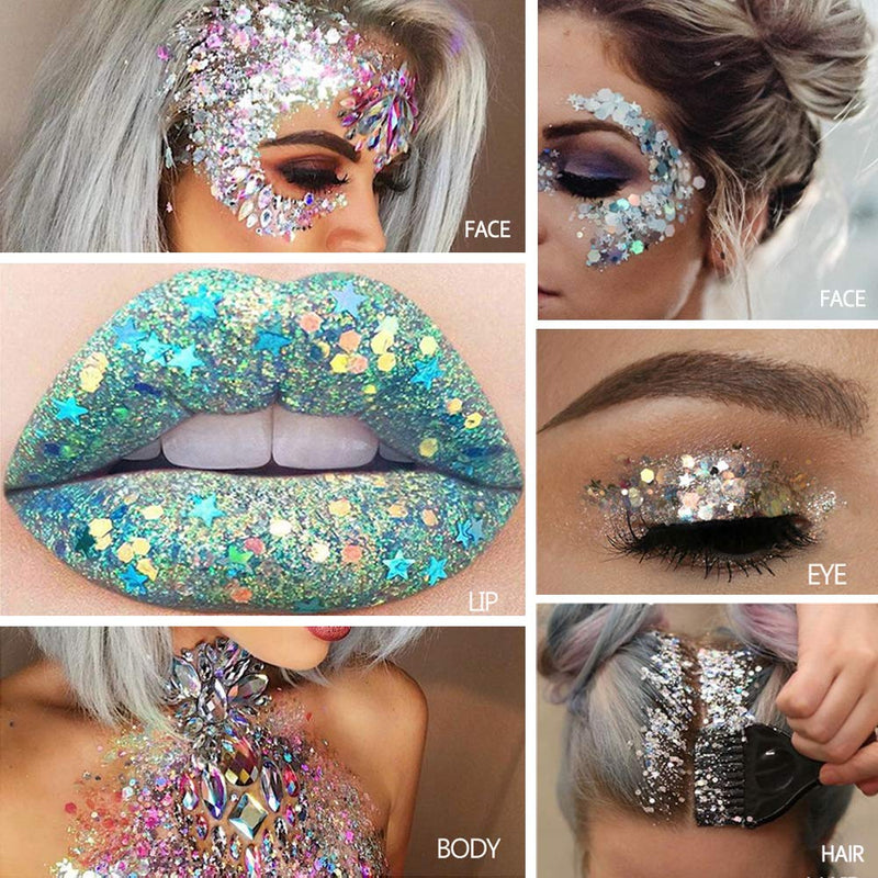 Holographic Body Glitter Gel Set 4 Colors Cosmetic Chunky Glitters Flakes Gel Colorful Mixed Paillette Gel for Festival Party Face Makeup, Body, Hair, Eye and Lips Shimmer Pink, Blue, Brown Set B - BeesActive Australia