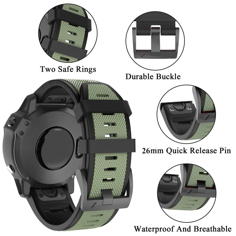 ISABAKE Sport Watch Bands for Fenix 5X Plus, Compatible with Garmin Fenix 5X/Fenix 6X/Fenix 6X Pro/Fenix 3/HR/Descent MK1/D2 Delta PX,26mm Soft Silicone Replacement Wristband Band Army green-black 26MM - BeesActive Australia