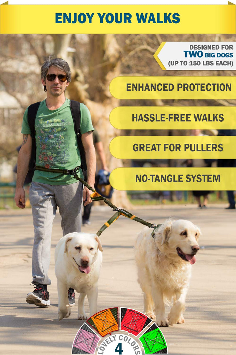 Double Dog Leash Hands-Free | Waist Dual Dog Leash for Tandem Walking & Training | 360°Swivel 2 Dog Coupler | Comfortable Shock Absorbing Reflective Bungee | No Pull Two Dog Leash Khaki & Orange Two Large Dogs (35-150 lbs each) - BeesActive Australia