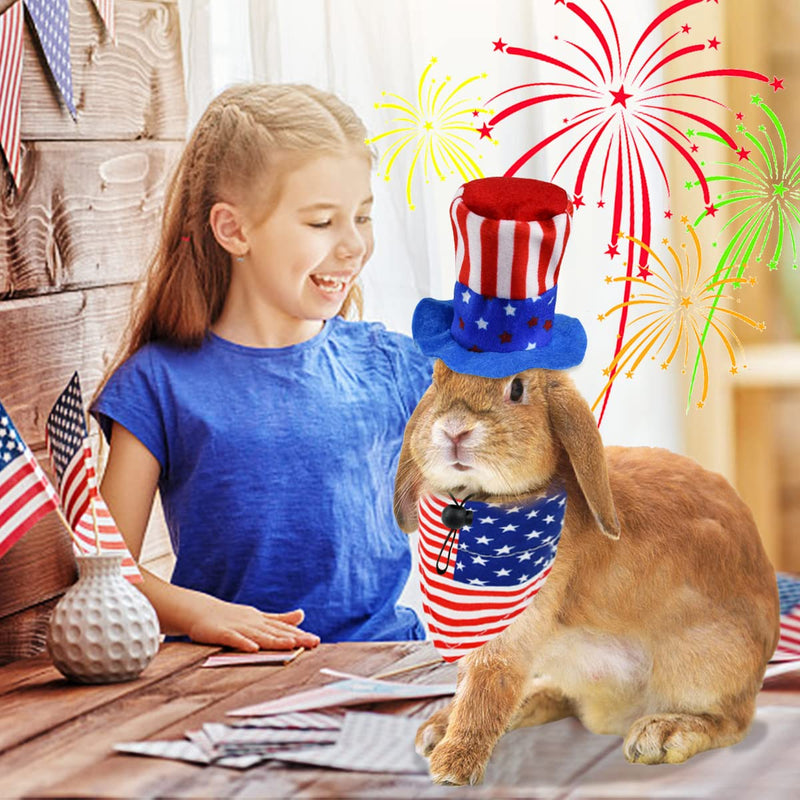CooShou 4 Pcs Pet Independence Day Costume Pet 4th of July Guinea Pig Hat and Bandana Uncle Sam Rabbit Hat American Flag Small Animals Hat Bandana Triangle Bib Scarf with Stars and Stripes Pattern Large - BeesActive Australia
