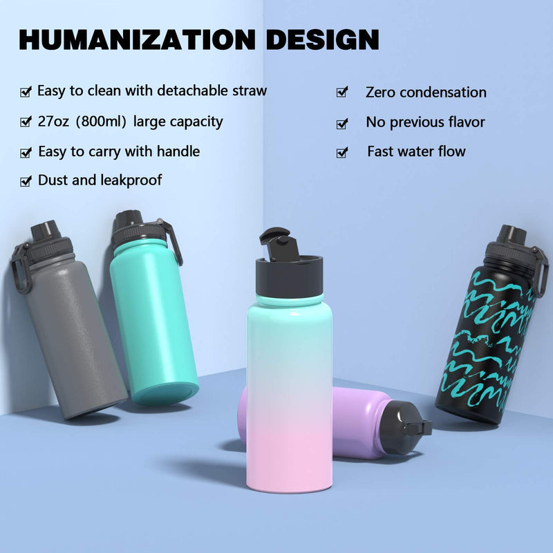 Macrosaving Water Bottle with Straw (27oz), 3 Lids, Double Wall Vacuum Stainless Steel Sports Insulated Water Bottle, Leakproof BPA Free Personalized Water Bottle Travel Thermos for Biking, Hiking Fantasy - BeesActive Australia