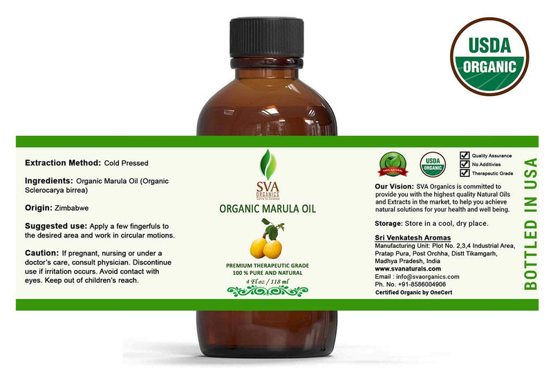 SVA Organics Marula Oil Organic USDA 4 Oz Pure Natural Cold Pressed Carrier Unrefined Luxury Oil for Face, Body, Lips, Hair, Nails, Shampoo, Conditioner, Lotion, Face Serum - BeesActive Australia