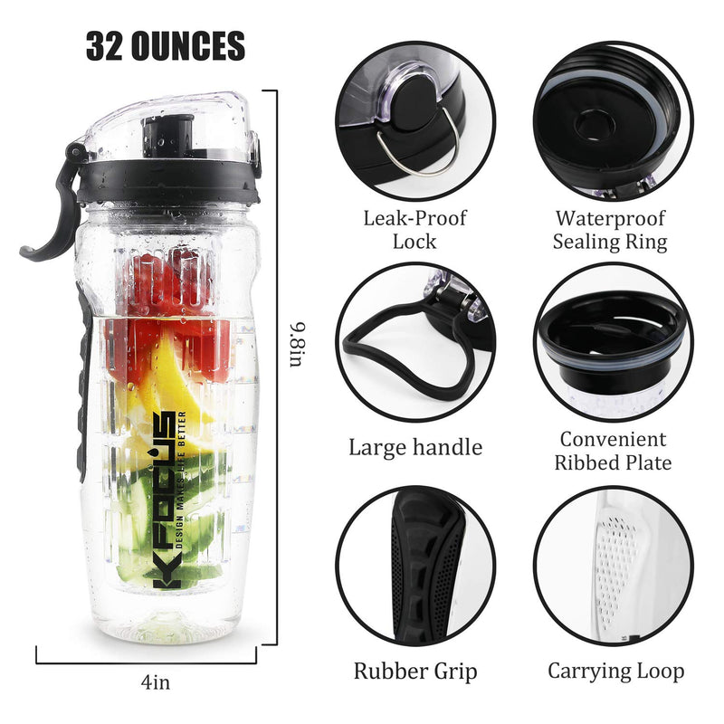 KFOCUS 32oz Fruit Infuser Sports Water Bottle for Delicious Drink, Motivational Clear Water Bottle with Time Marker, Filter and Full Length Infusion Rod, Durable BPA Free Tritan, Flip Lid, Leak Proof Black - BeesActive Australia