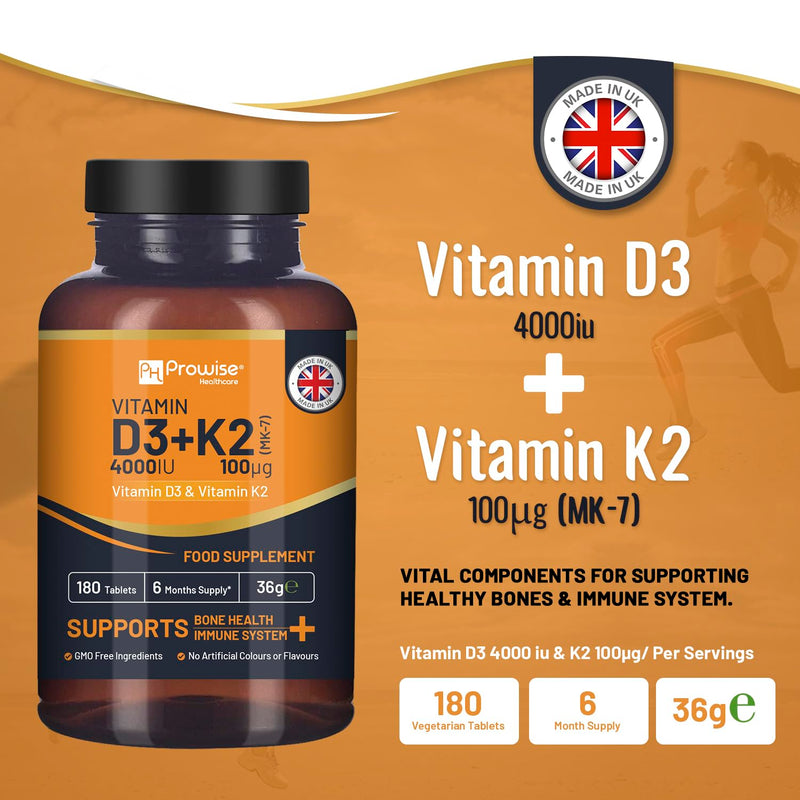 Vitamin D3 4000IU & K2 MK7 100�g Vegetarian Tablets I 180 ( 6 Months Supply) I Easy to Swallow Supplement for Immune Support, Calcium Boost, Bone & Muscle I Made in The UK by Prowise Healthcare - BeesActive Australia