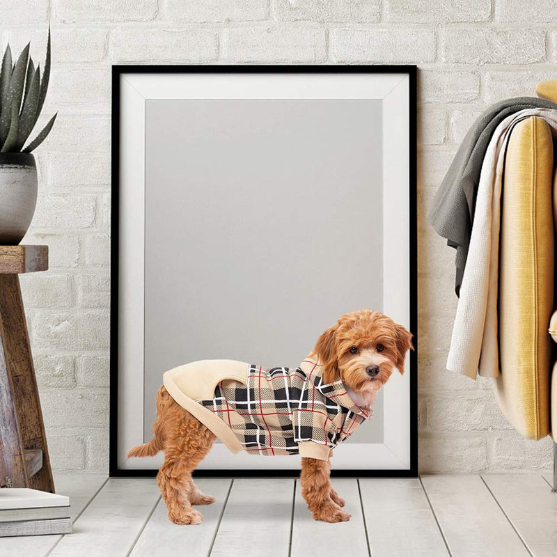 EXPAWLORER Plaid Dog Hoodie - British Style Soft and Warm Dog Sweater with Leash Hole, Hooded Cold Weather Clothes, Dog Sweatshirt, Outfits, Winter Coat for Small Medium Large Dogs Beige - BeesActive Australia