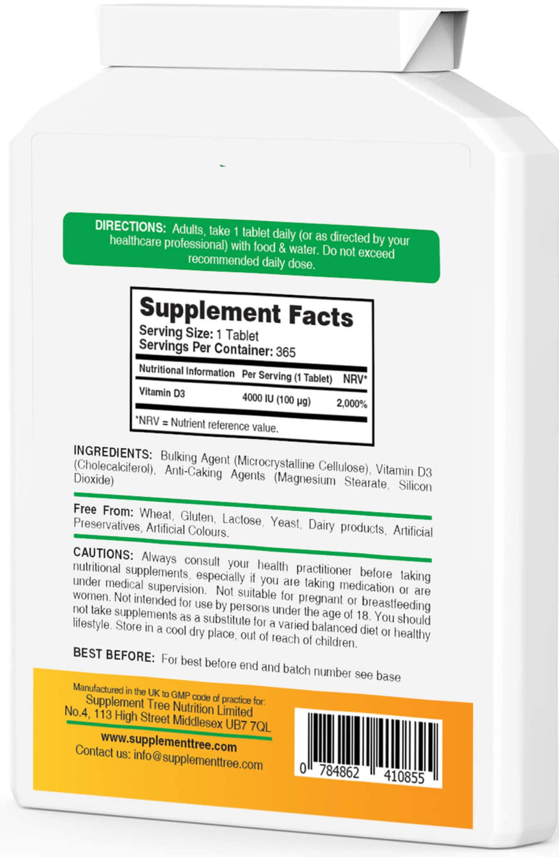 Vitamin D 4000IU 365 Vegetarian Tablets | High Strength Cholecalciferol Vitamin D3 Supplement | UK Manufactured - BeesActive Australia