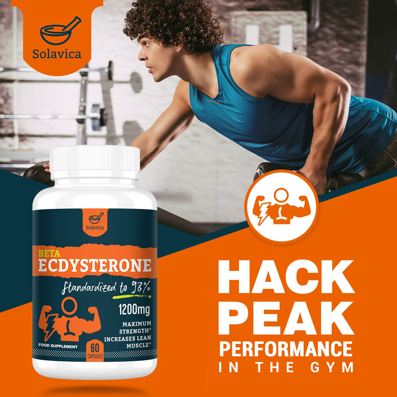 Solavica Beta Ecdysterone Supplement 1200mg -98% Maximum Purity Ecdysterone for Lean Muscle Building & Strength Gains, Promotes Endurance & Muscle Growth (60 Capsules)-1 Month Supply 60 Count(Pack of 1) - BeesActive Australia