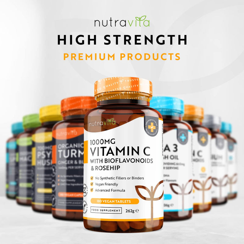 Vitamin C 1000mg � 180 Premium Vegan & Vegetarian Tablets � 6 Month Supply � High Strength Ascorbic Acid � with Added Bioflavonoids & Rosehip � for Normal Immune System � Made in The UK by Nutravita 180 Count (Pack of 1) - BeesActive Australia