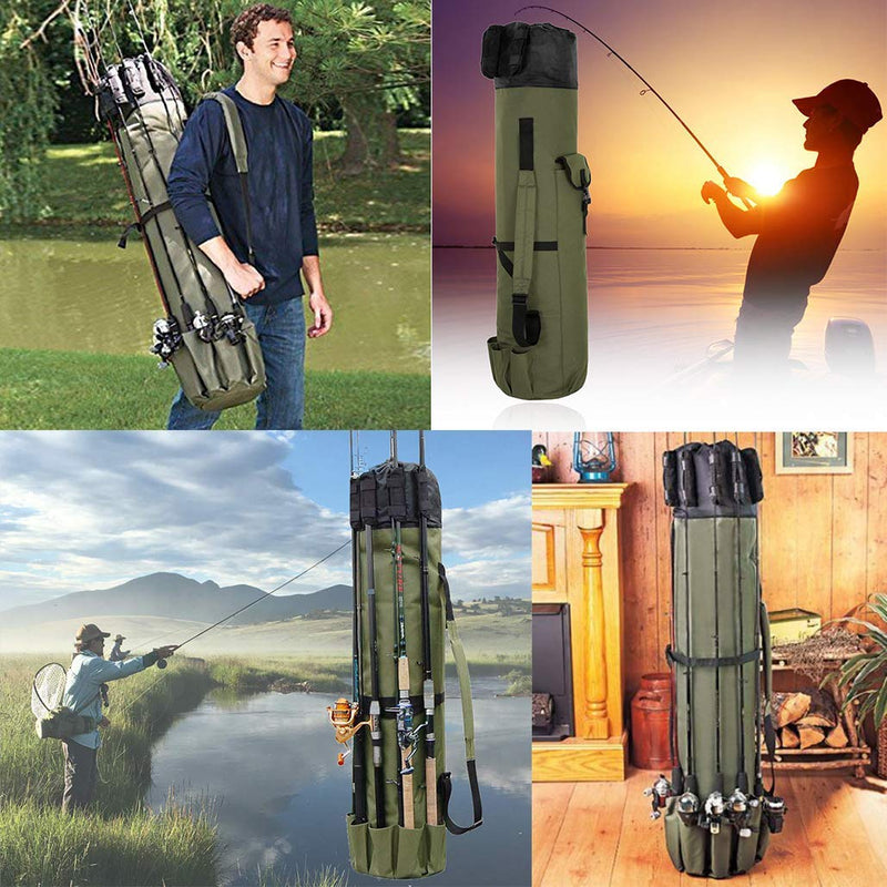 [AUSTRALIA] - Allnice Durable Canvas Fishing Rod & Reel Organizer Bag Travel Carry Case Bag- Holds 5 Poles & Tackle Khaki Green 