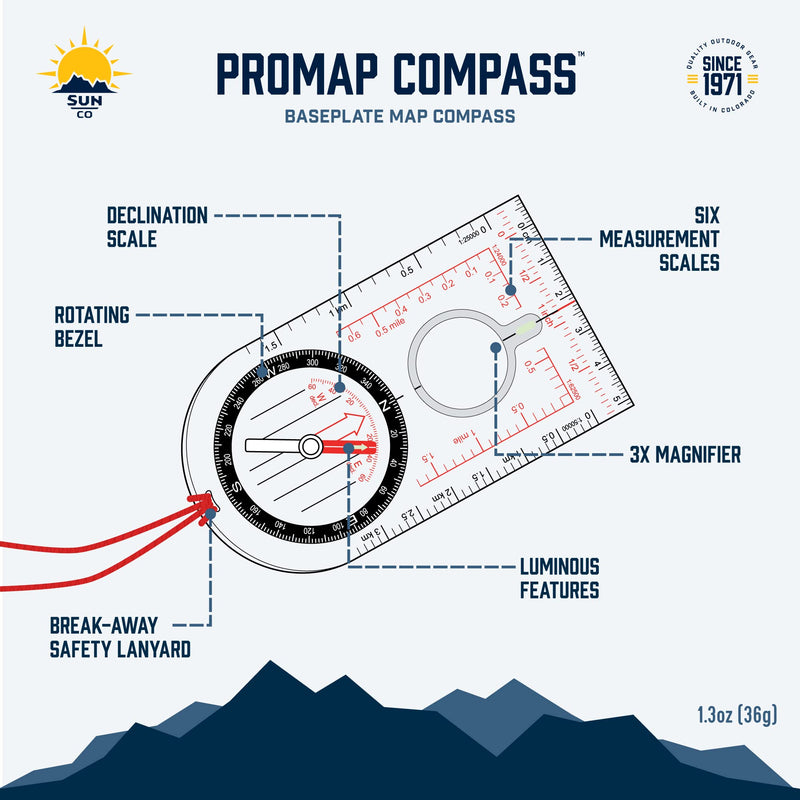 Sun Company ProMap Compass - Ultra Lightweight Baseplate Map Compass with Declination Scale - Accurate Orienteering Base Plate Compass for Hiking, Backpacking, Camping, and Survival Navigation - BeesActive Australia