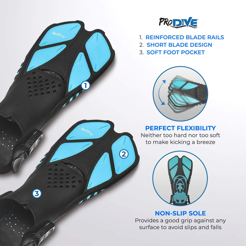 PRODIVE Snorkel and Swim Fins  Adjustable Open-Heel, Short-Blade Snorkeling and Diving Flippers Add Efficiency to Swimming and Diving  Sizes to Fit Men, Women and Kids  Compact and Great for Travel Aqua X-Small - BeesActive Australia