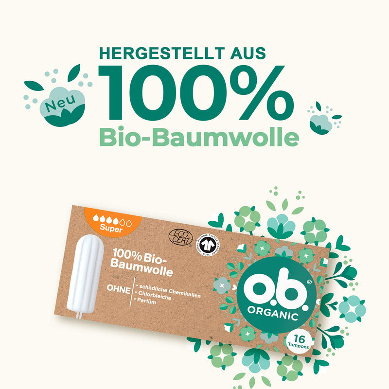 o.b. Organic Super, Organic tampons for Strong Days, Made from 100% Organic Cotton for Reliable and Natural Protection (1 x 16 Pieces) - BeesActive Australia
