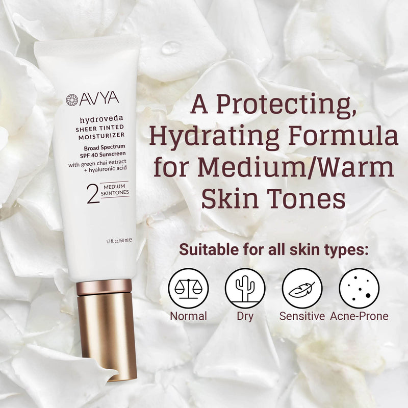 AVYA SPF 40 Sheer Tinted Moisturizer with Hyaluronic Acid & Green Chai – Advanced Ayurvedic Skincare Treatment for Balanced and Brighter Skin/Medium Skintones Shade #2 (1.7oz/50ml) Shade #2 - Medium - BeesActive Australia