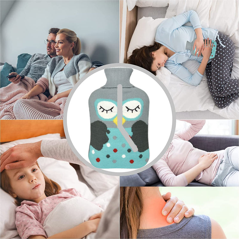 OliviaLiving Hot Water Bag Hot Water Bottle 2000ML Heat Up and Refreezable Hot Cold Pack with Knit Cover, Cartoon Owl Blue - BeesActive Australia