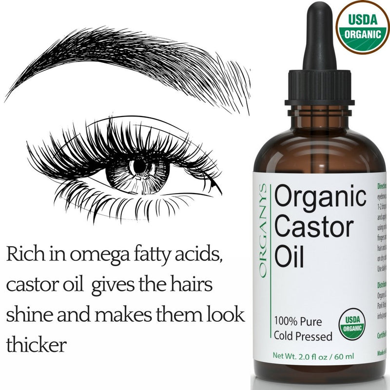 Organic Castor Oil 2oz, For Longer Fuller Thicker Looking Hair Eyelashes & Eyebrows by Organys. Enhances The Appearance Of Natural Lash & Brow Growth. Serum Comes With Eyeliner & Mascara Brushes - BeesActive Australia