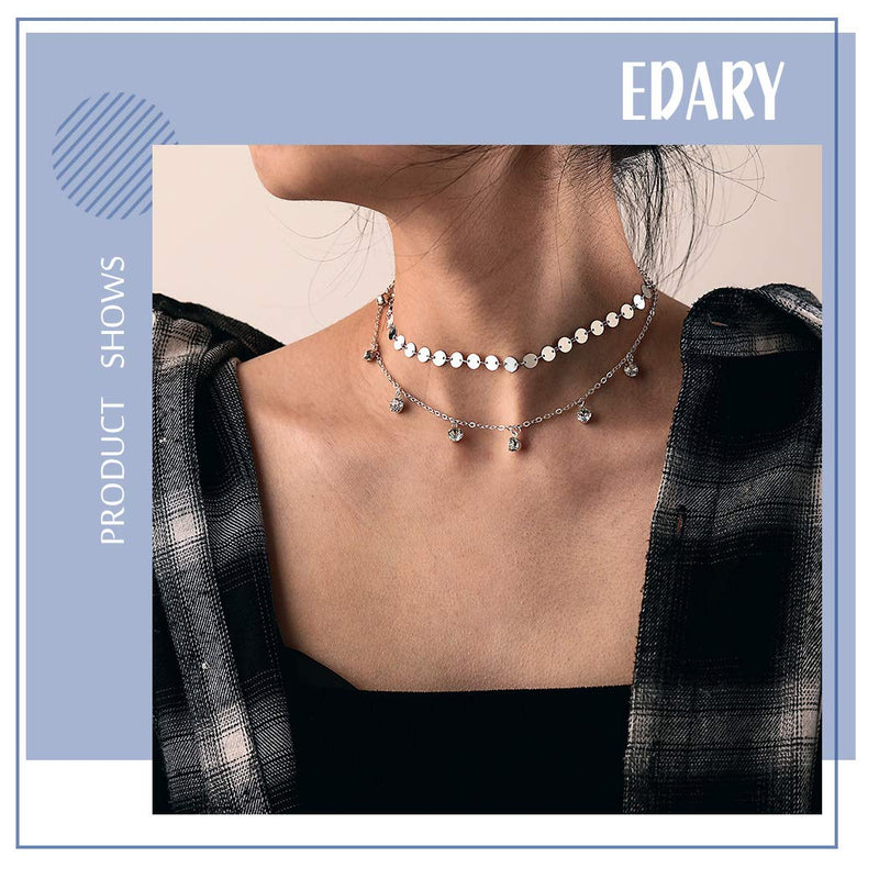 Edary Boho Double Layered Necklace Silver Sequin Necklaces Crystal Tassel Pendant for Women and Girls. - BeesActive Australia