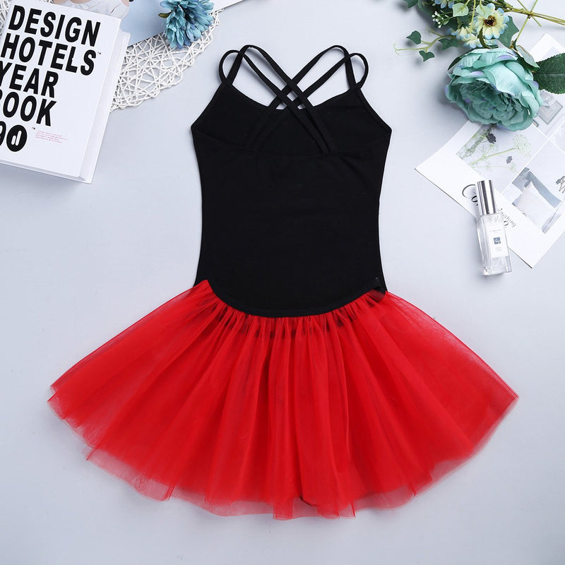 [AUSTRALIA] - iEFiEL Girls Cotton Spaghetti Straps Ballet Dance Gymnastics Leotard with Mesh Tutu Skirt Dancing Outfit 3 / 4 Black/Red 