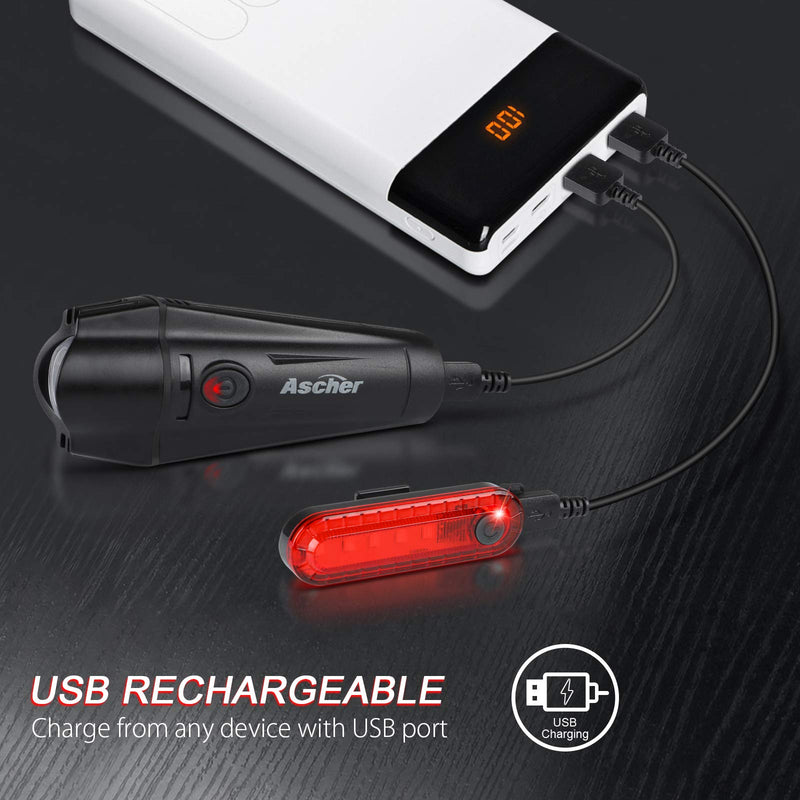 Ascher Ultra Bright USB Rechargeable Bike Light Set, Powerful Bicycle Front Headlight and Back Taillight, 4 Light Modes, Easy to Install for Men Women Kids Road Mountain Cycling Black - BeesActive Australia