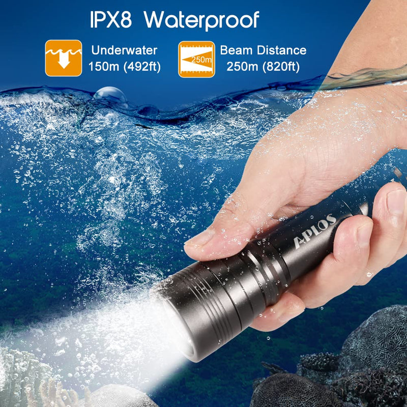 APLOS AP11 Diving Flashlight XM-L2 LED 1050 Lumen Scuba Dive Light, IPX8 Waterproof Underwater 150m 492ft Professional Submersible Light with Rechargeable Batteries and Charger - BeesActive Australia