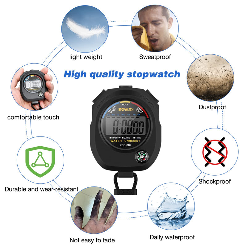 Sport Stopwatch Timer 4 Pack Digital Sports Stop Watch Timers Watches Chronometre with Calendar Alarm Hand Held Coaches and Referees Multi-Function Electronic Stopwatches for Curling Running Swimming Black - BeesActive Australia