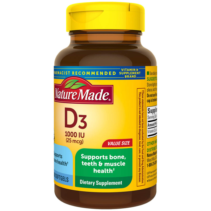 Nature Made Vitamin D3, 180 Softgels, Vitamin D 1000 IU (25 mcg) Helps Support Immune Health, Strong Bones and Teeth, & Muscle Function, 125% of the Daily Value for Vitamin D in One Daily Softgel - BeesActive Australia