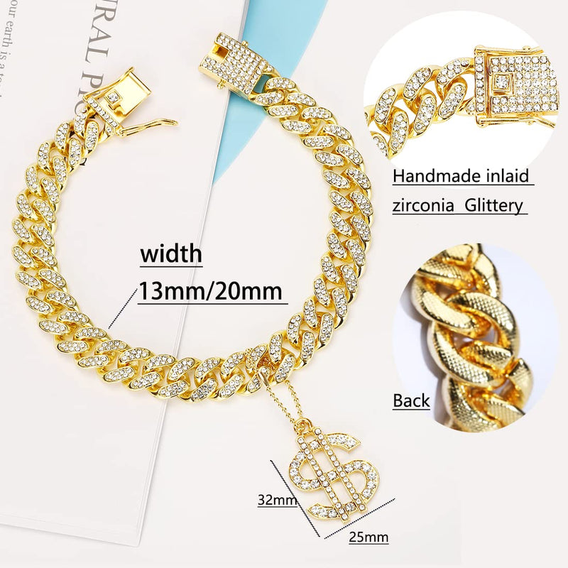 Glitter King Gold Dog Collar Puppy Zircon Cuban Link Chain Handmade Iced Out Diamond Exaggerated Dollar Pendant Full Cz Prong Set Pet Jewelry 13mm Width 10.2inch - BeesActive Australia