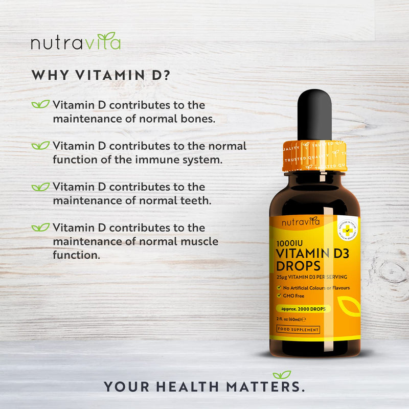 Vitamin D3 Drops 60ml (2000 Drops) � Vitamin D 1000IU per Drop � Flexible Dose of Liquid Vitamin D Supplement � Supports Normal Bones, Immune System & Calcium Absorption - Made in The UK by Nutravita - BeesActive Australia