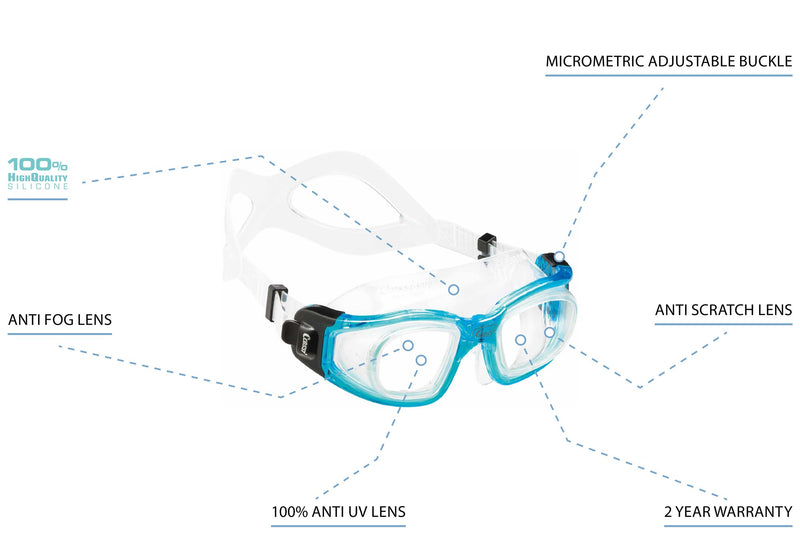 [AUSTRALIA] - Cressi Adult Swim Goggles with Tempered Glass Lens with Anti-UV Treatment | Galileo: Made in Italy Clear/Aquamarine 