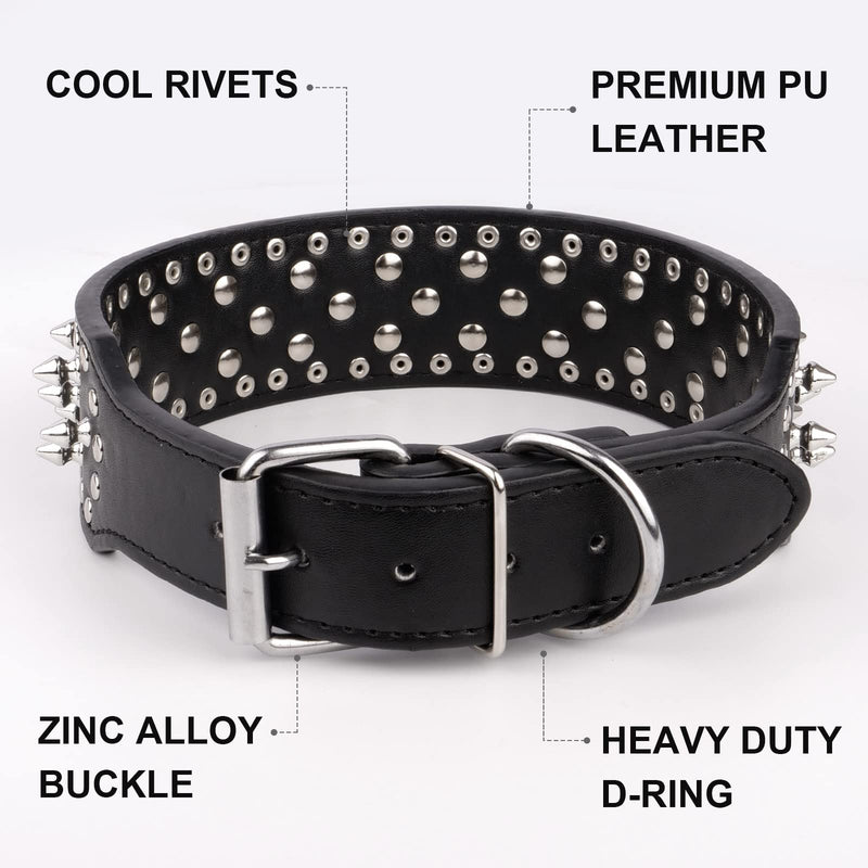 Epesiri Adjustable Wide Spiked Dog Collar, Mushroom Rivet PU Leather Cat Dog Collars, Durable Spike Studded Pet Collar for Small Medium Large Breed, Pitbull Mastiff Bulldog Pugs Husky Rottweiler Black Large 19.5"-22.6" - BeesActive Australia