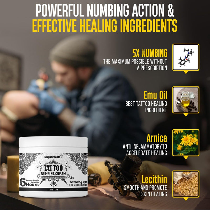 Nupharmisto Tattoo Numbing Cream(50ml/1.7floz), 6 Hours Maximum Strength Painless Tattoo Numbing Cream with 5x Numbing, Emu Oil and Arnica.50ml - BeesActive Australia