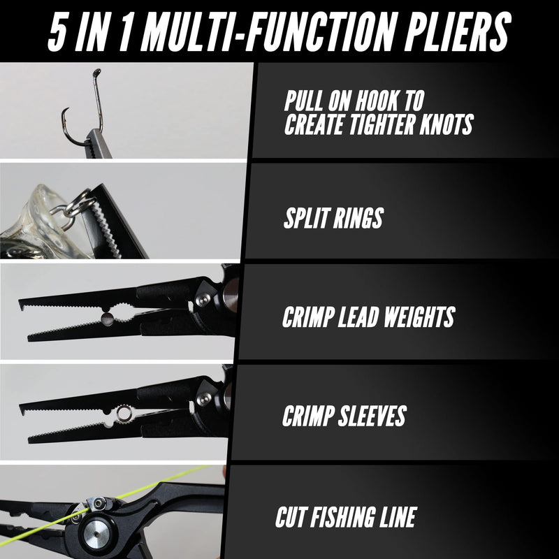 Beyond Fishing Pro Aluminum Series 8 Inch Multifunction Fishing Pliers, Saltwater Resistant Fishing Gear, Tungsten Carbide Cutters, Corrosion Resistant Teflon Coating With Sheath Black - BeesActive Australia