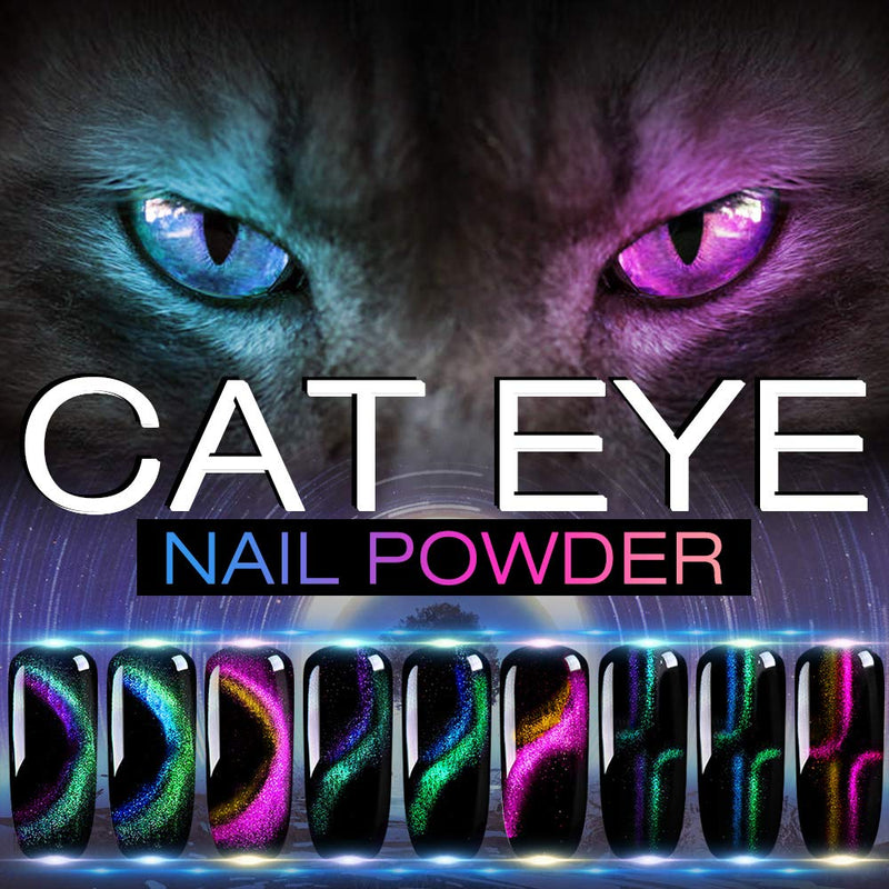 Cat Eye Chrome Nail Powder - 3Pc Get Cat Eye Effect and Chameleon Mirror Effect, 9D Galaxy Gem Glitter Metallic Manicure Pigment with Bonus Black UV Gel and Magnetic Stick - Unique DIY Set - BeesActive Australia