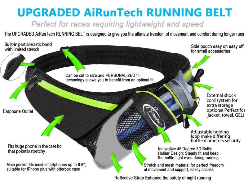 [AUSTRALIA] - AiRunTech Upgraded No Bounce Hydration Belt Can be Cut to Size Design Strap for Any Hips for Men Women Running Belt with Water Bottle Holder with Large Pocket Fits Most Smartphones Without Bottle Hydration Belt(GR) 